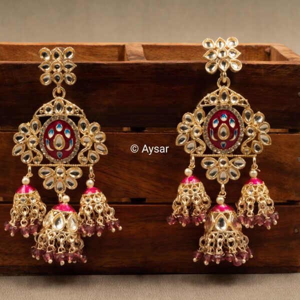 Meenakari jhumka triple jhumkis garnet