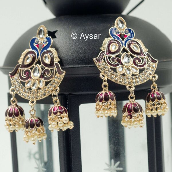 peacock earrings meenakari jhumkas brown and royal blue - Image 2