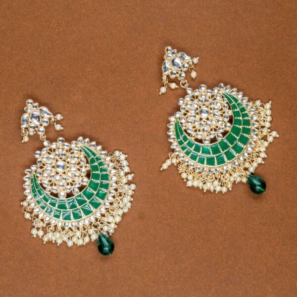 Meenakari pachi kundan Chand bali earrings dark green - Image 3