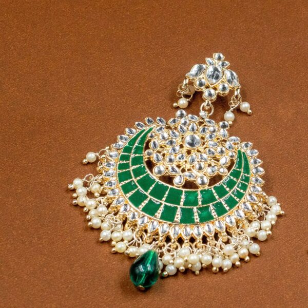 Meenakari pachi kundan Chand bali earrings dark green - Image 2