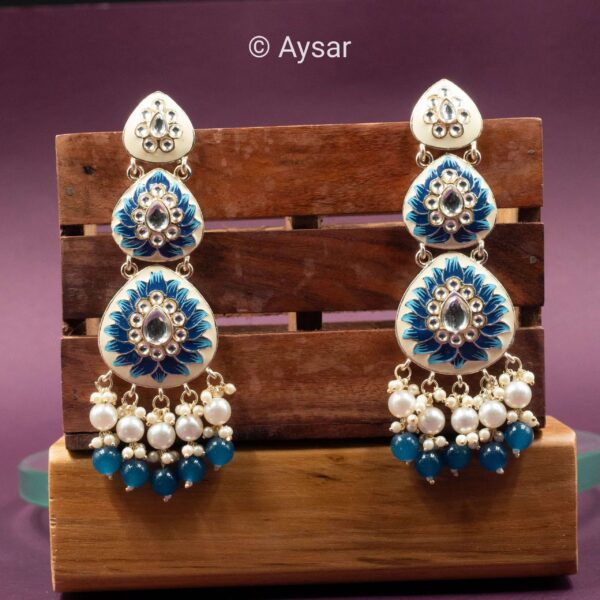 Meenakari three layer earrings with kundan pearls blue - Image 2