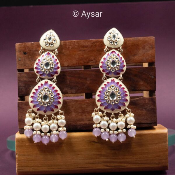 Meenakari  three layer long earrings with kundan pearls pastel purple