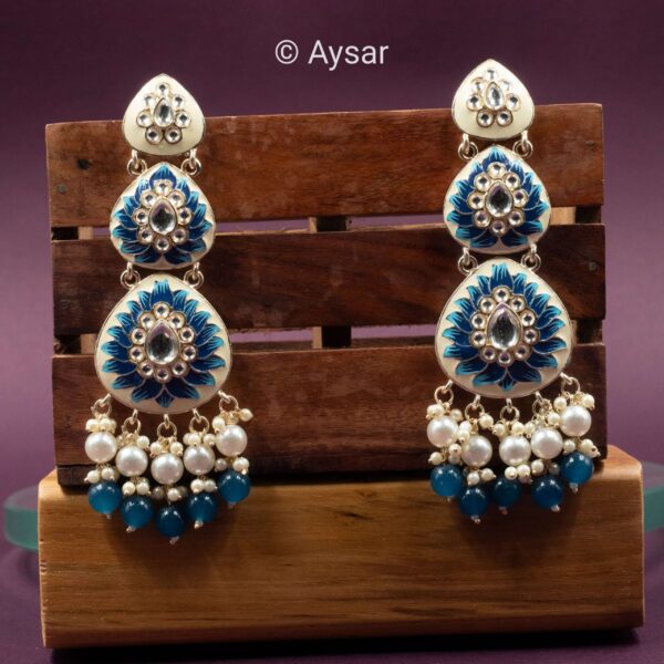 Meenakari three layer earrings with kundan pearls blue