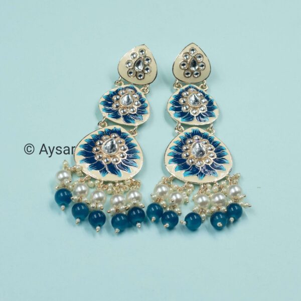 Meenakari three layer earrings with kundan pearls blue - Image 3