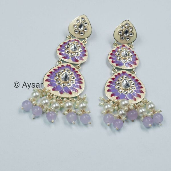 Meenakari  three layer long earrings with kundan pearls pastel purple - Image 2