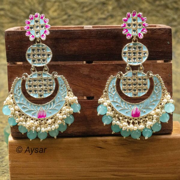 Chandbali earrings meenakari print Skyblue