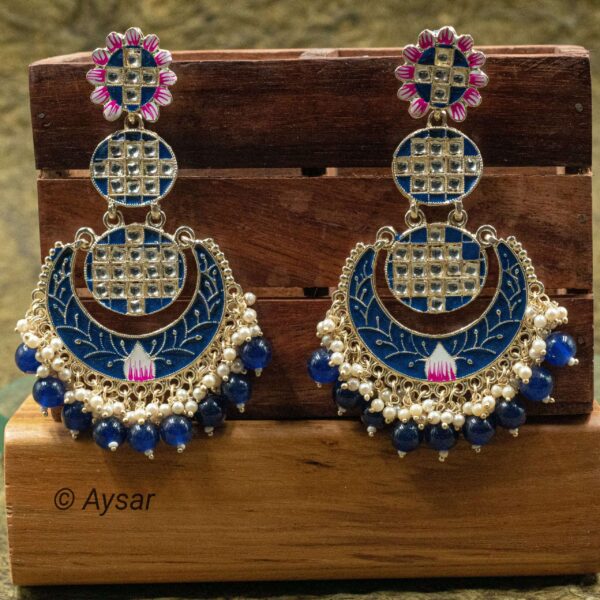 Chandbali earrings meenakari print royal Blue - Image 2