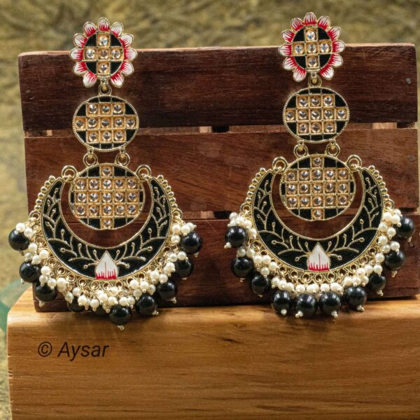 Chandbali earrings meenakari print black