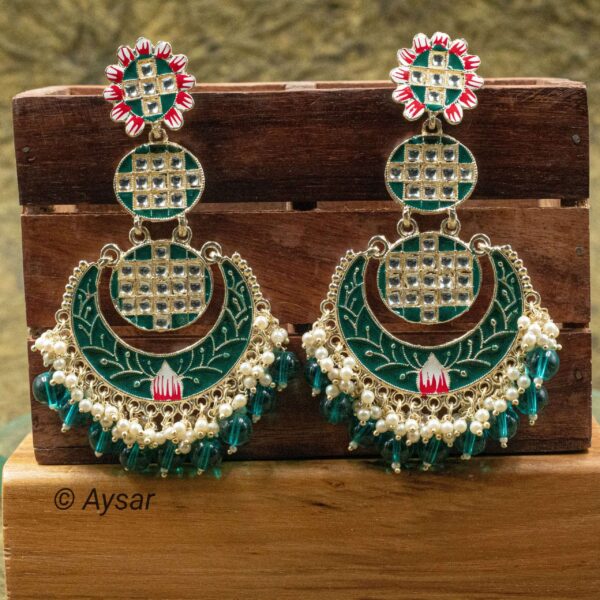 Chandbali earrings meenakari print green - Image 3