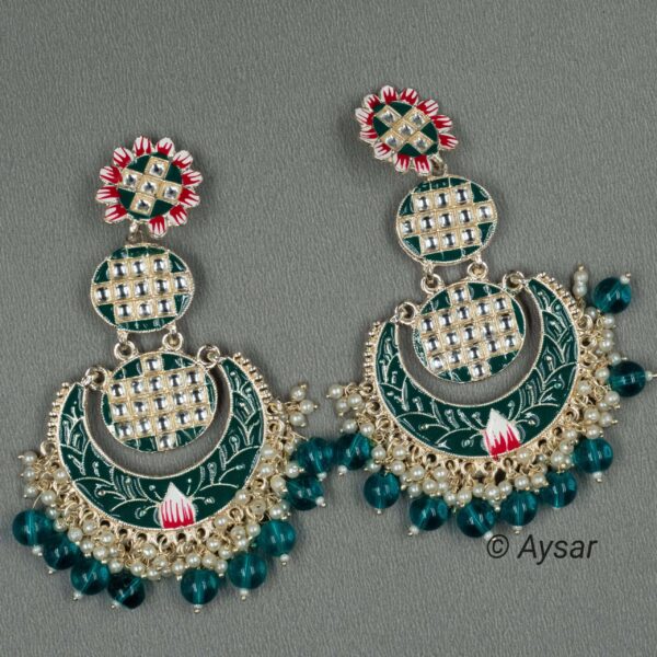 Chandbali earrings meenakari print green - Image 2