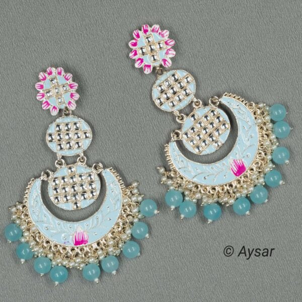 Chandbali earrings meenakari print Skyblue - Image 2