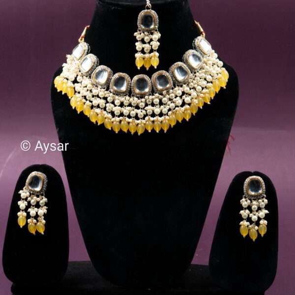 polki kundan with pearls beads neckset haldi yellow - Image 2