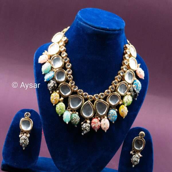 Bridal kundan set with colourful beads hanging with earrings multicolour - Image 2