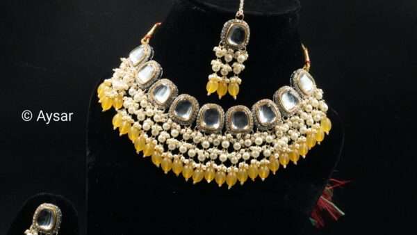 polki kundan with pearls beads neckset haldi yellow - Image 4