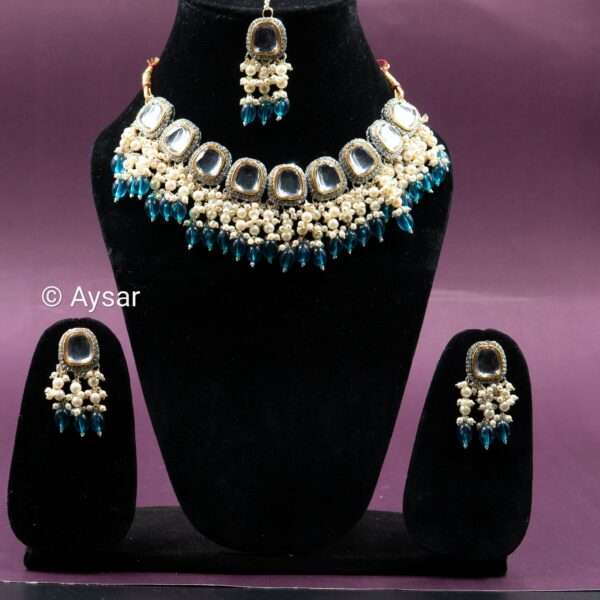 polki kundan with pearls beeds set turquoise blue - Image 2