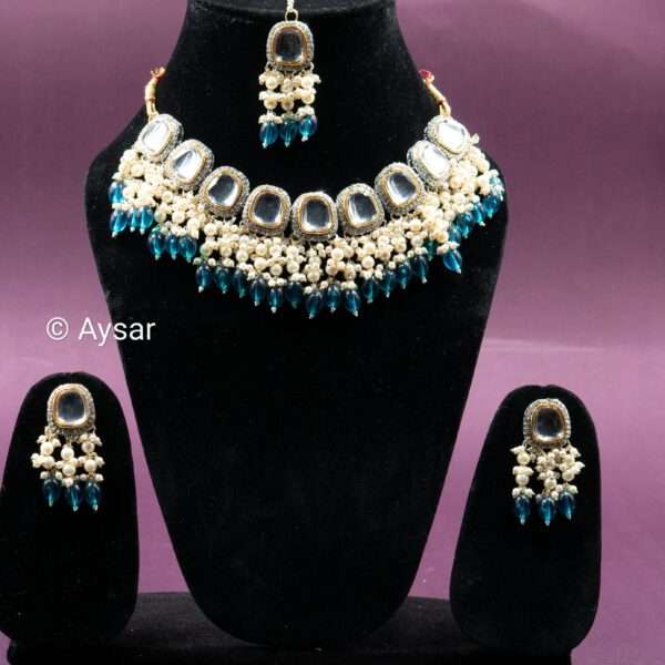 polki kundan with pearls beeds set turquoise blue - Image 4