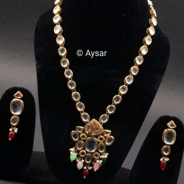 kundan long haar with multicolour Tanjore beads with earrings with back Meena work - Image 2