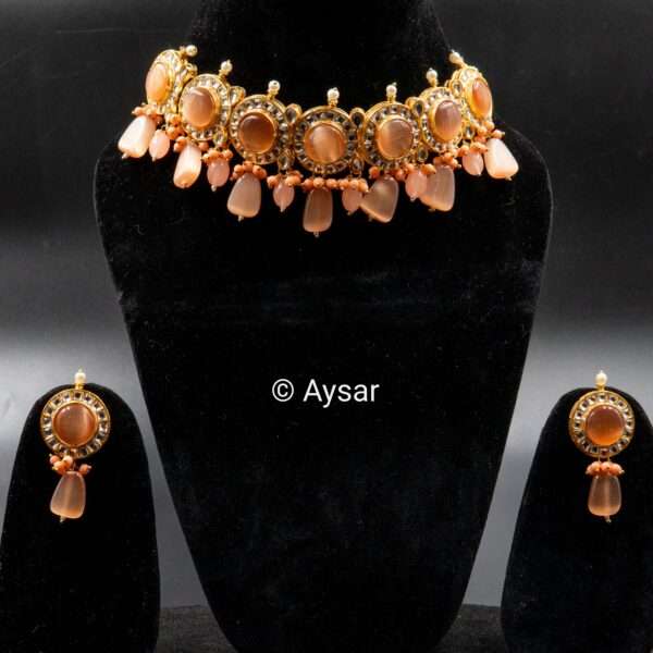 Monalisa stone kundan choker set with earrings orange peach - Image 2