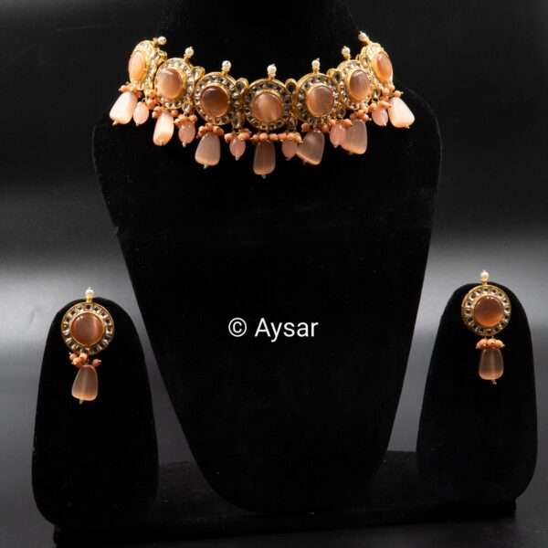 Monalisa stone kundan choker set with earrings orange peach - Image 5