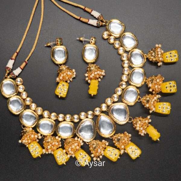 Bridal kundan choker set with jhumka and Tanjore beads earrings haldi yellow colour