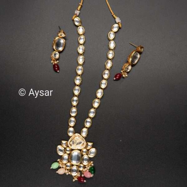 kundan long haar with multicolour Tanjore beads with earrings with back Meena work - Image 3