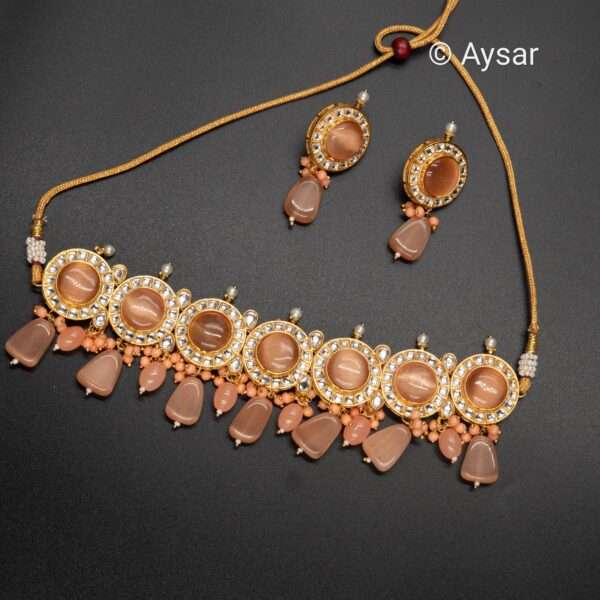 Monalisa stone kundan choker set with earrings orange peach - Image 4