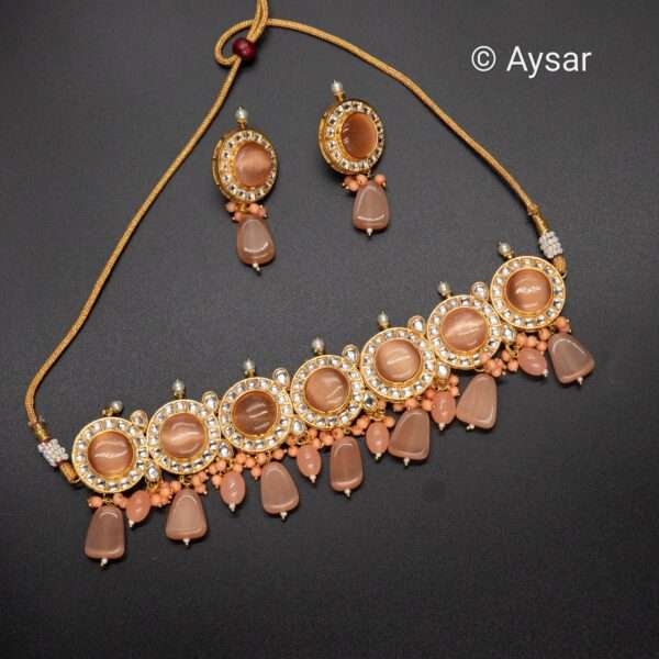 Monalisa stone kundan choker set with earrings orange peach