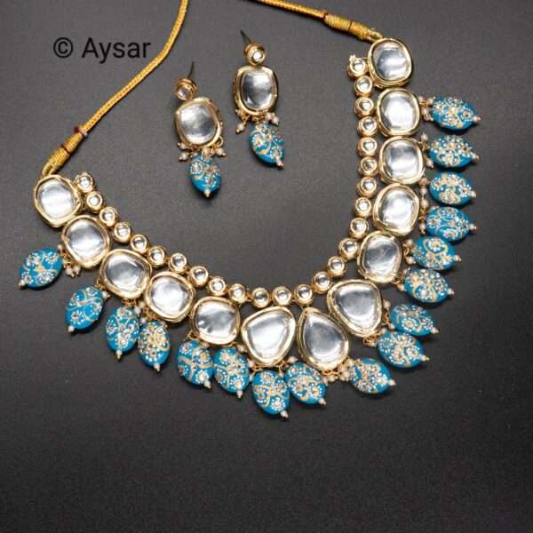 Bridal kundan set blue kundan hanging beads hand-painted golden on beads  with earrings sky-blue colour