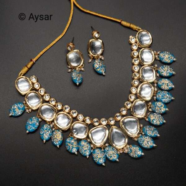 Bridal kundan set blue kundan hanging beads hand-painted golden on beads  with earrings sky-blue colour - Image 2