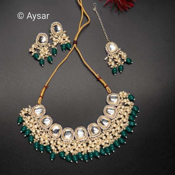 polki kundan with pearls beads set dark green - Image 2