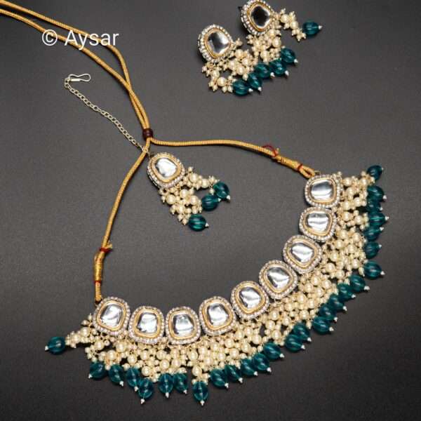 polki kundan with pearls beeds set turquoise blue