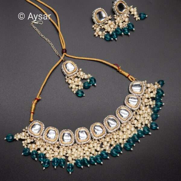 polki kundan with pearls beeds set turquoise blue - Image 3