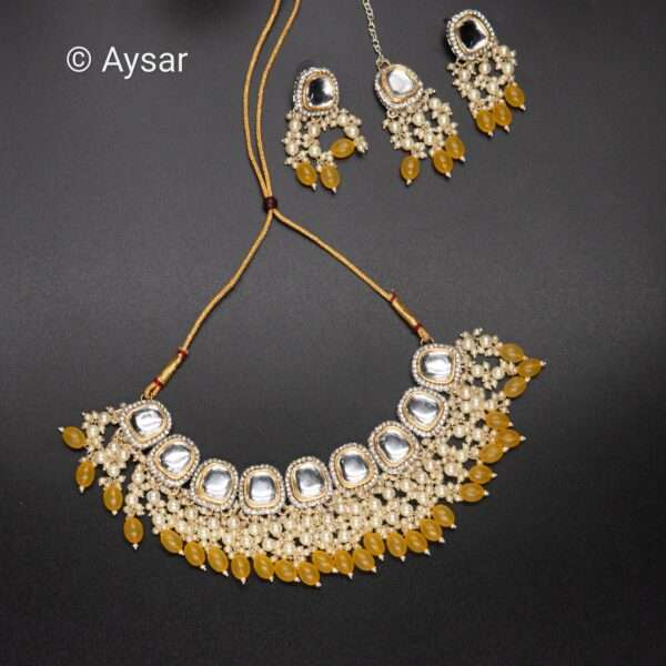 polki kundan with pearls beads neckset haldi yellow