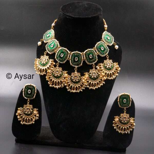 Choker set with printed meenakari padmavathi style emerald green with earrings - Image 2