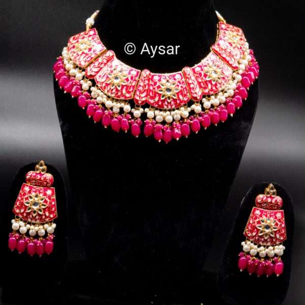 Meenakari hand-painted bridal choker set dark red colour - Image 4