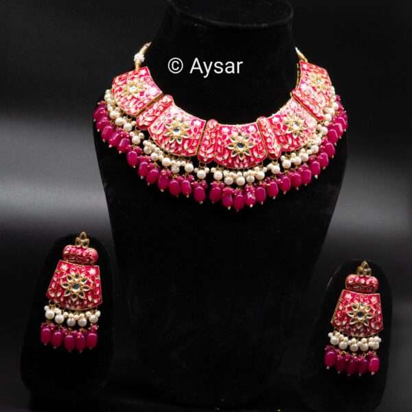 Meenakari hand-painted bridal choker set dark red colour - Image 2