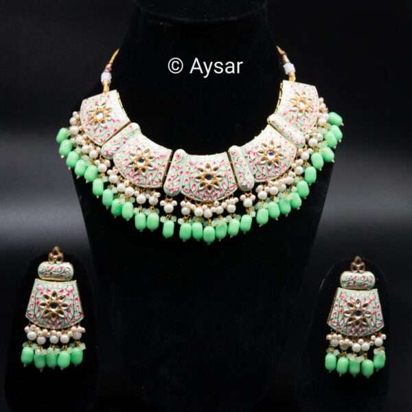 Meenakari hand-painted bridal choker set pastel green and pink combination - Image 3