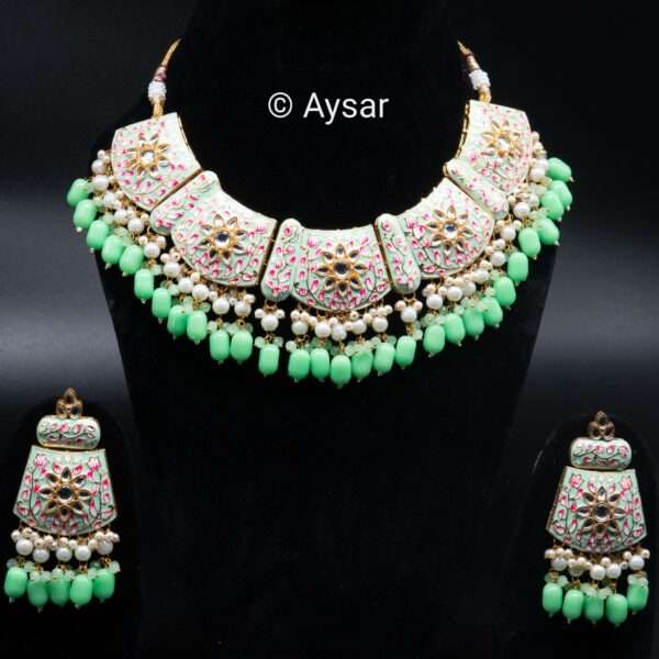 Meenakari hand-painted bridal choker set pastel green and pink combination - Image 2