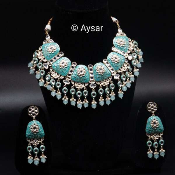 Meenakari hand-painted bridal choker set pastel sky blue with earrings and maanteeka - Image 2