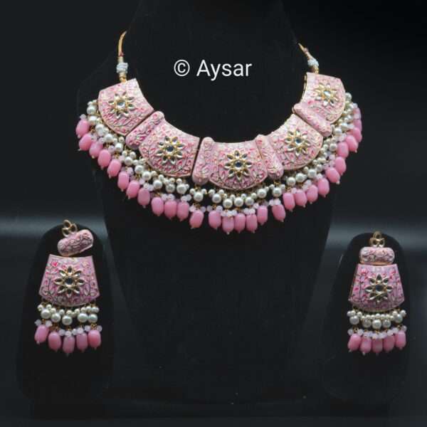 Meenakari hand-painted bridal choker set pastel pink - Image 2