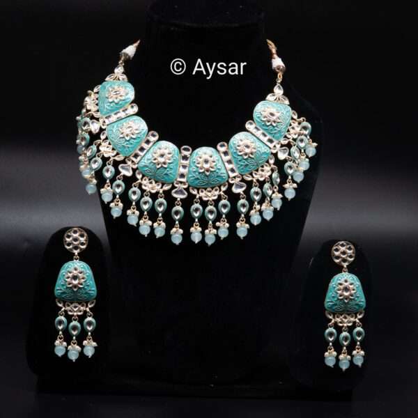 Meenakari hand-painted bridal choker set pastel sky blue with earrings and maanteeka - Image 4