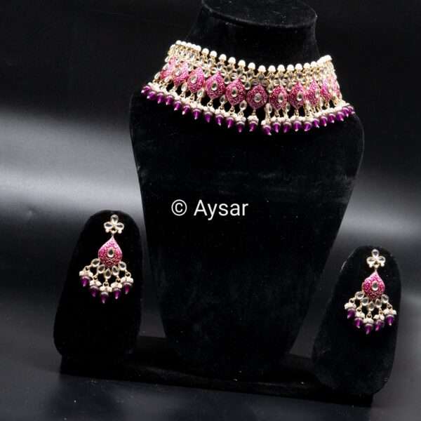 Meenakari necklace set with beads and pearls hanging purple colour - Image 2