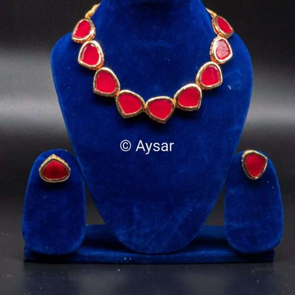 Kundan choker set single layer with studs earrings red colour for valentine - Image 2