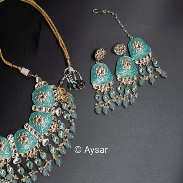 Meenakari hand-painted bridal choker set pastel sky blue with earrings and maanteeka - Image 3