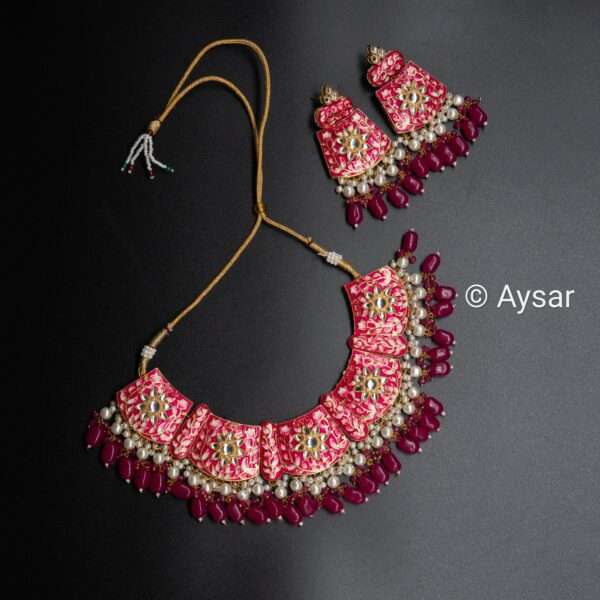 Meenakari hand-painted bridal choker set dark red colour - Image 3