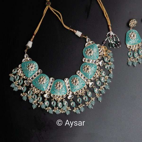 Meenakari hand-painted bridal choker set pastel sky blue with earrings and maanteeka