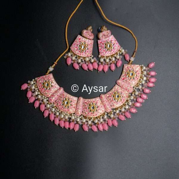 Meenakari hand-painted bridal choker set pastel pink - Image 3