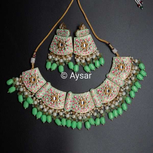 Meenakari hand-painted bridal choker set pastel green and pink combination