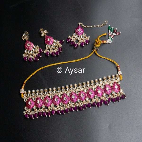 Meenakari necklace set with beads and pearls hanging purple colour