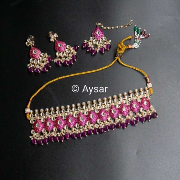 Meenakari necklace set with beads and pearls hanging purple colour - Image 3